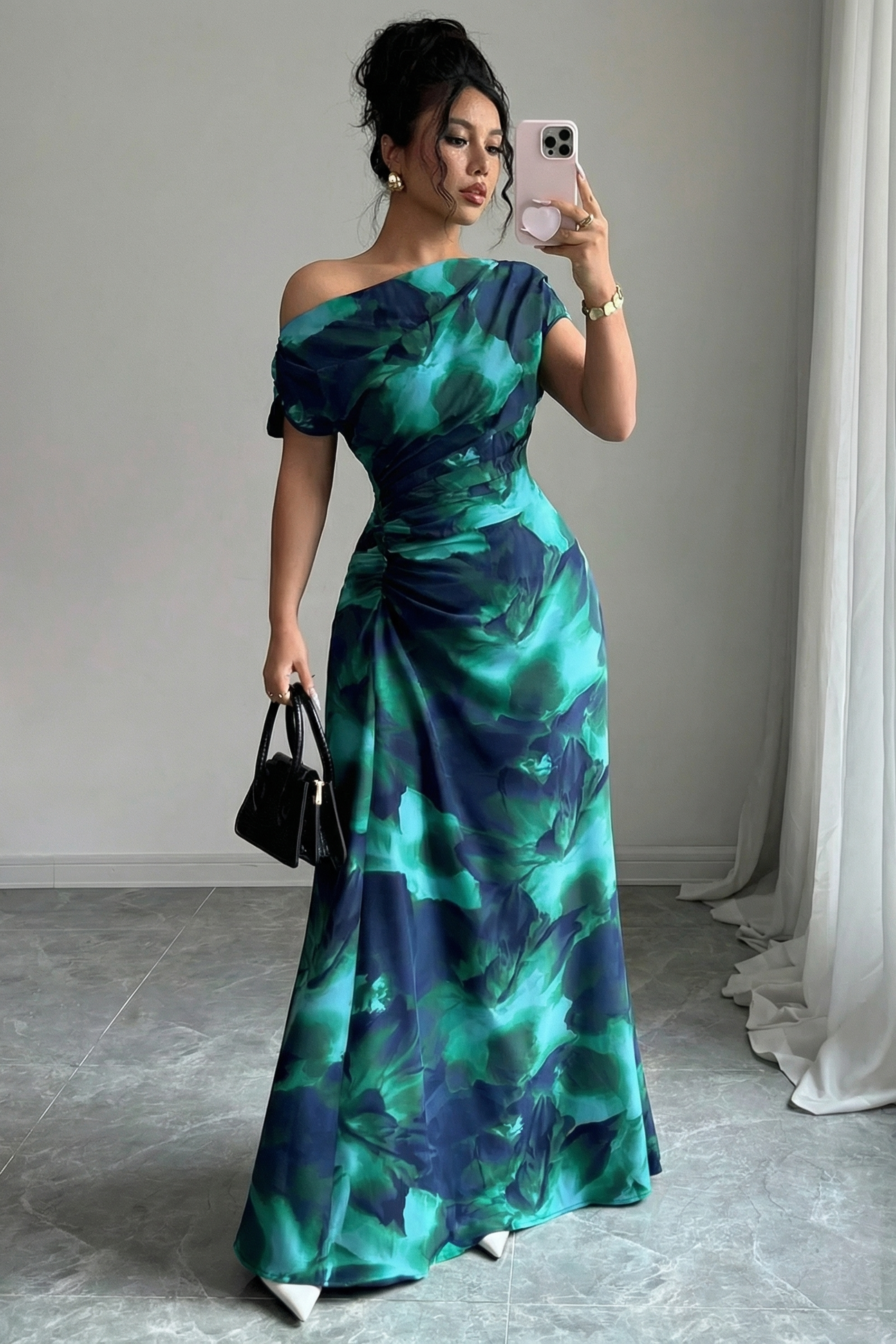 The Taormina | Vestido Largo de Un Hombro con Estampado Mármol