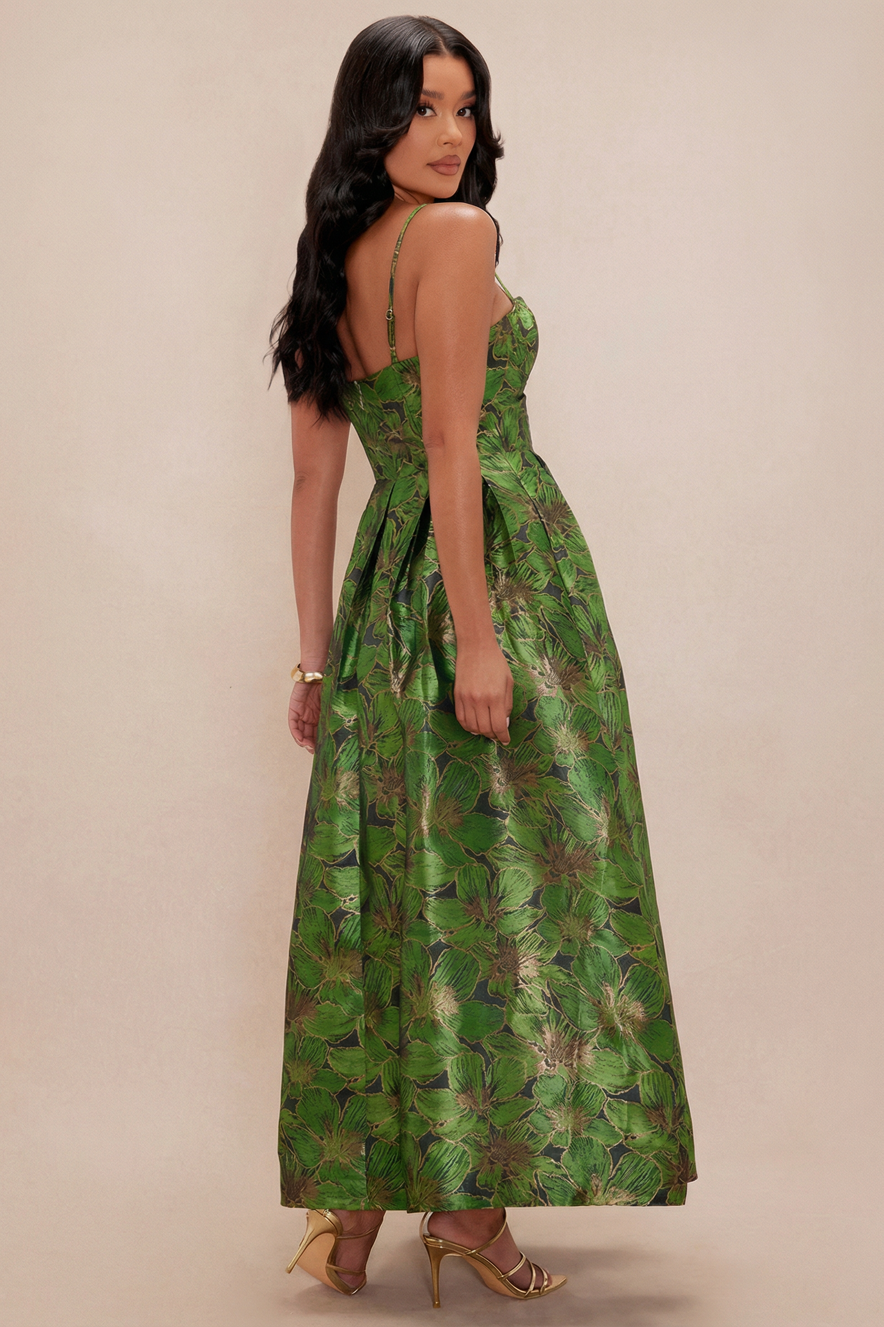 Vestido Largo de Tirantes con Estampado Floral Brocado Verde