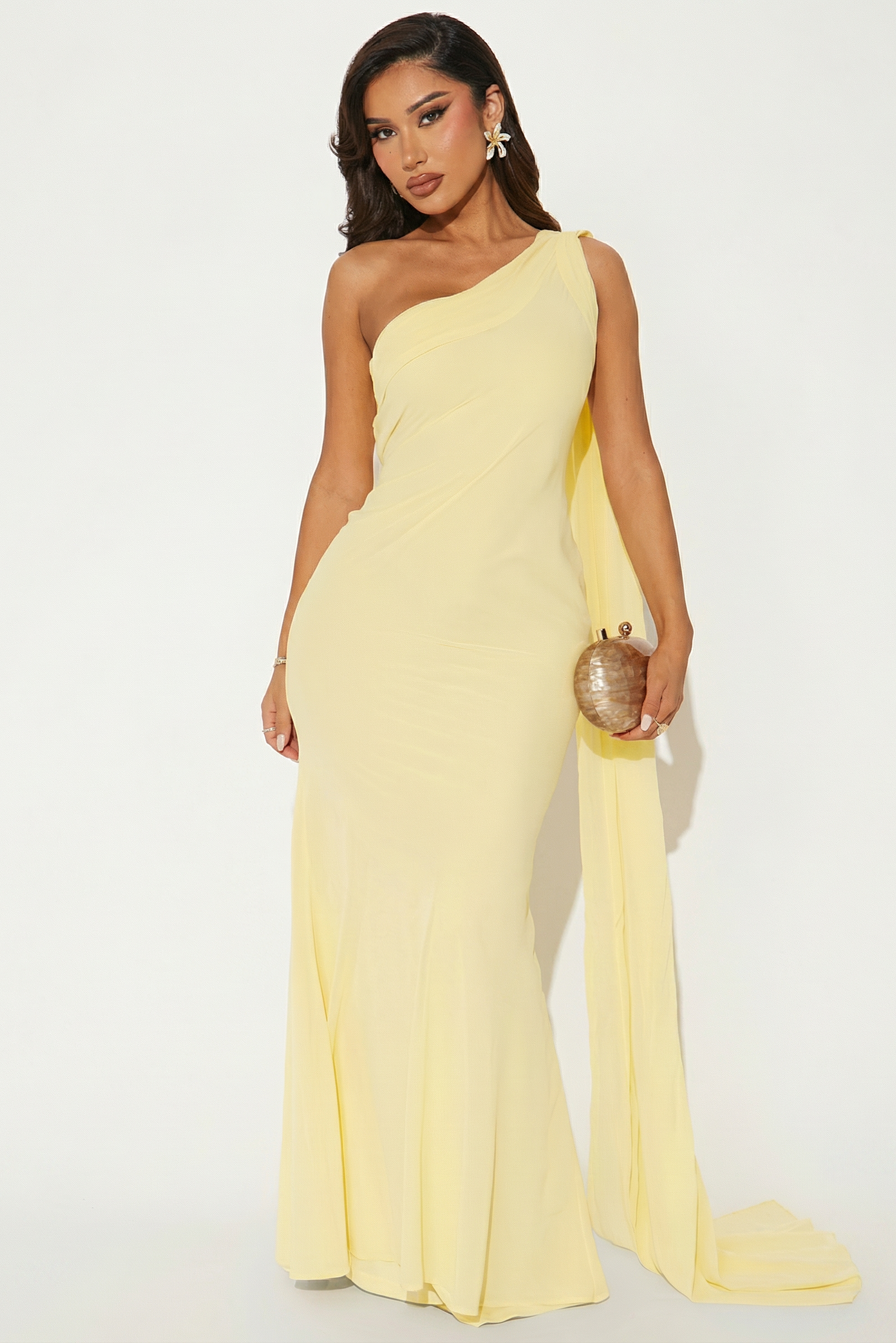 Vestido Largo de Un Hombro Amarillo Limón con Capa Drapeada