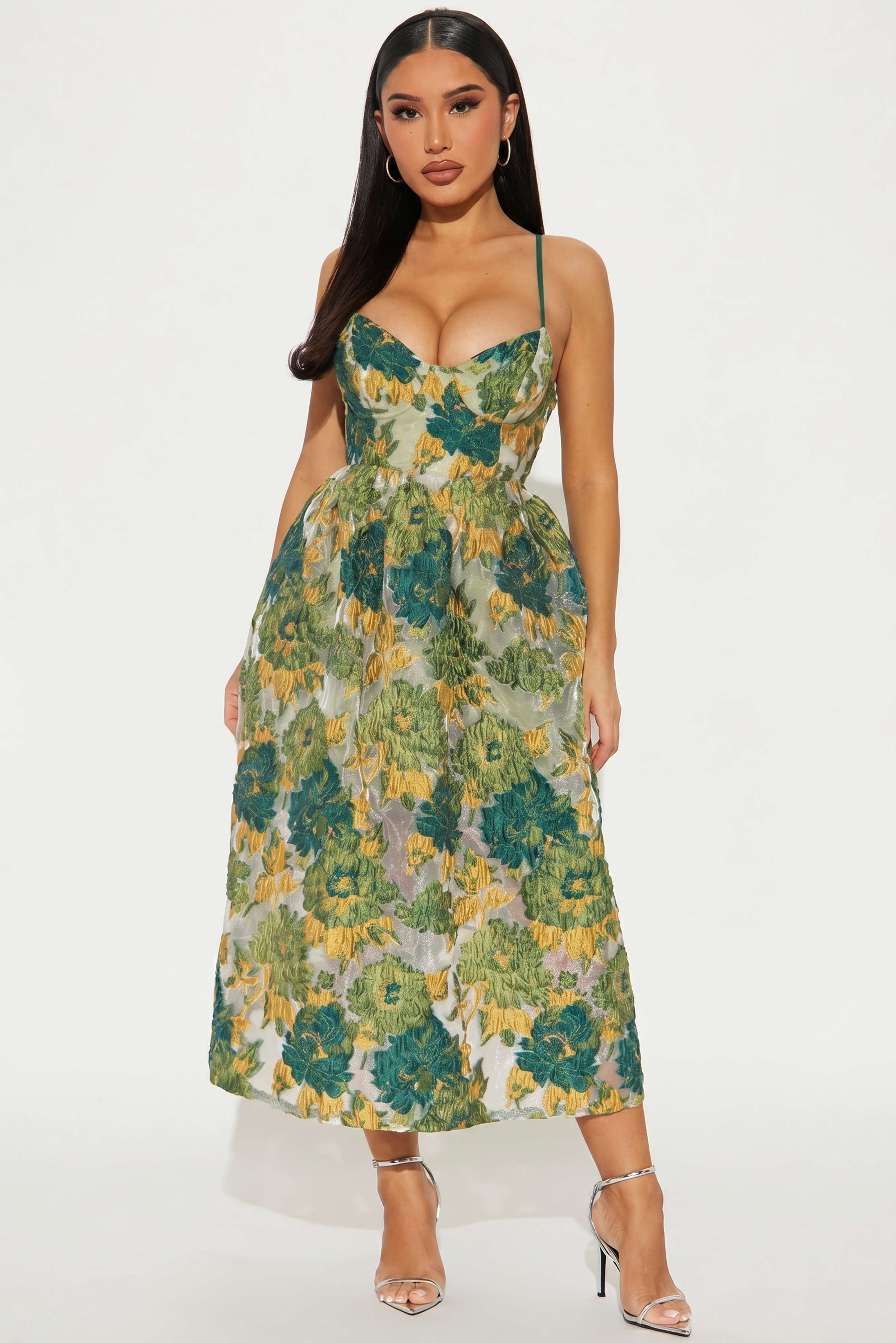 Vestido Midi de Tirantes con Corset y Estampado Floral