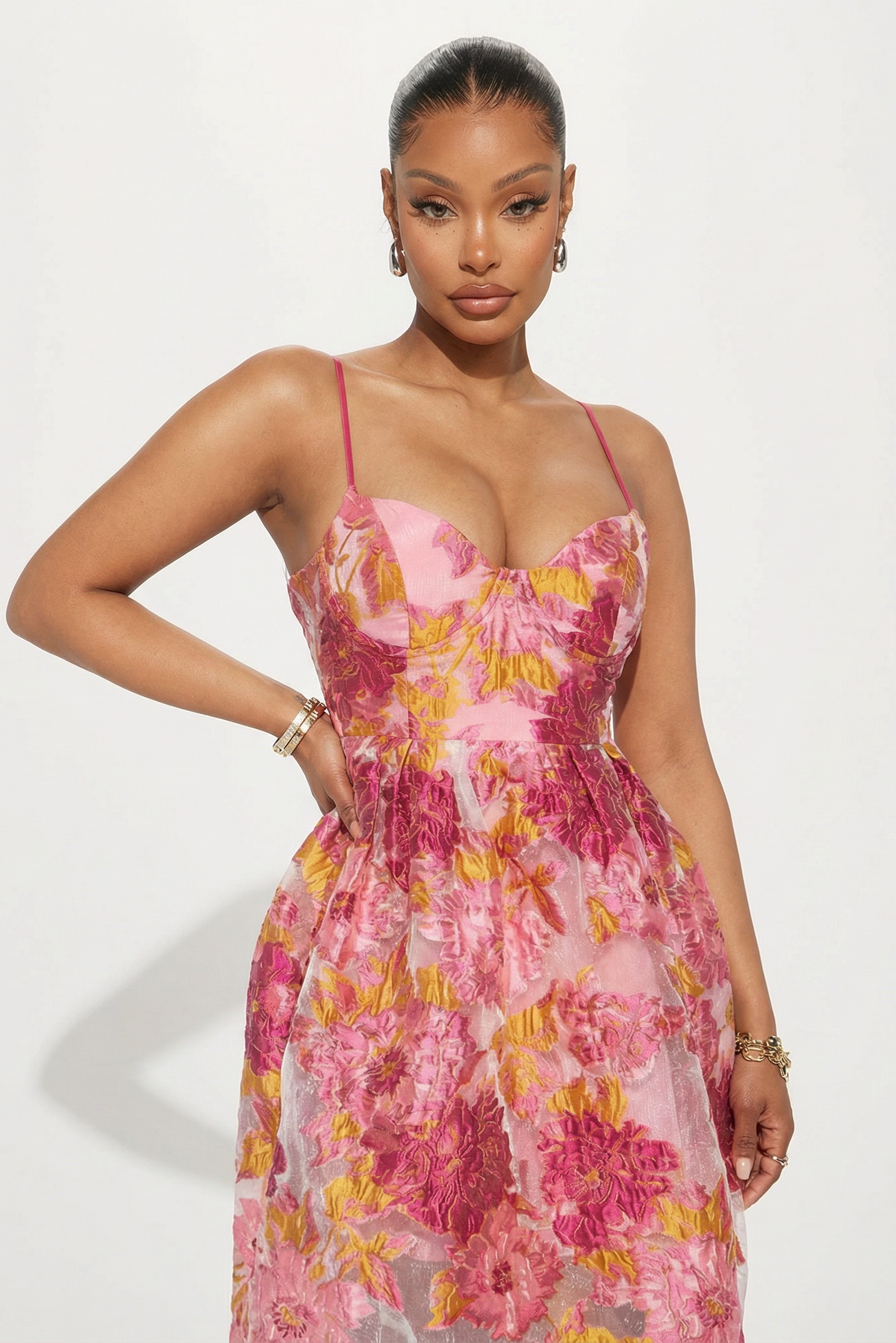 Vestido Midi de Tirantes con Corset y Estampado Floral