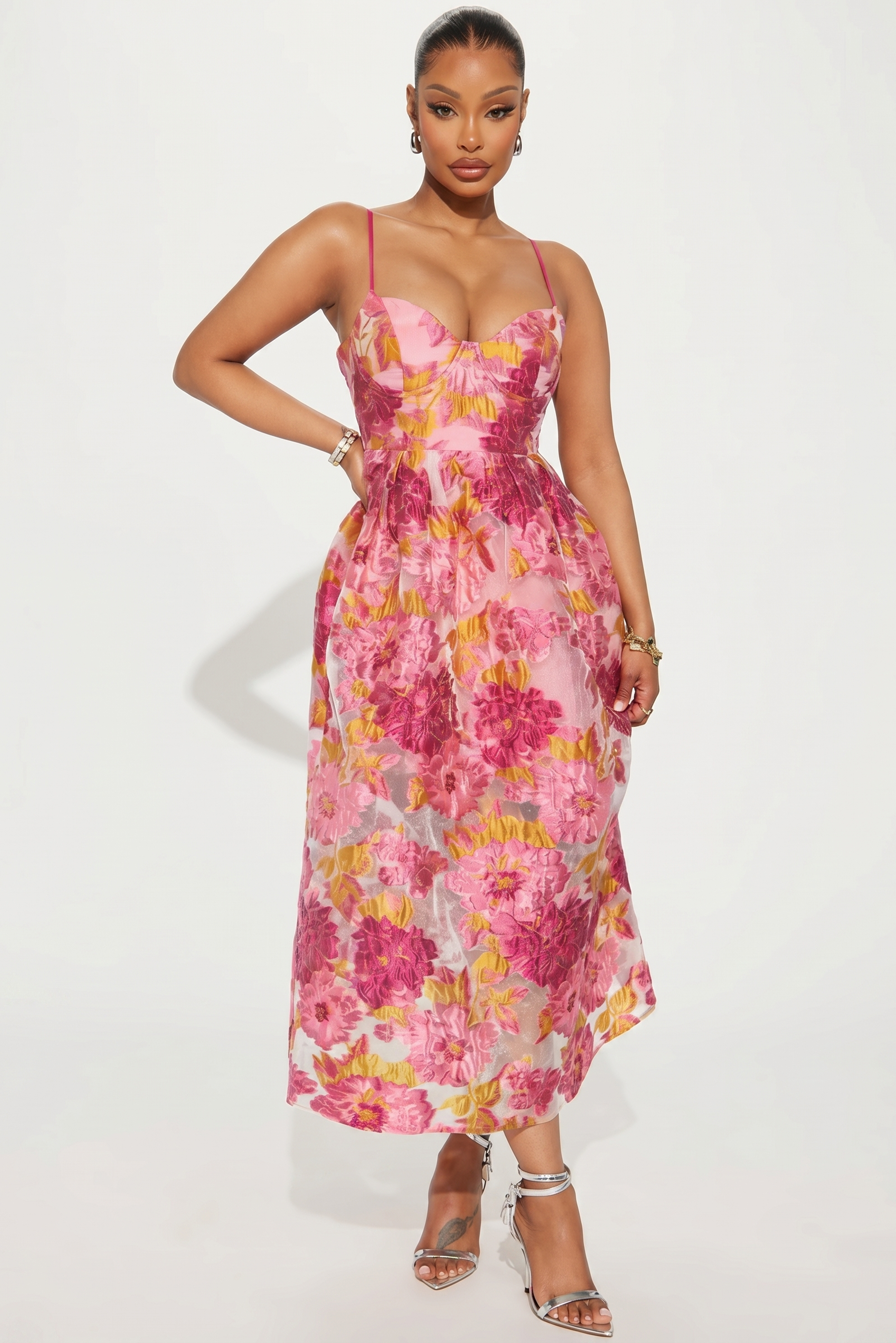 Vestido Midi de Tirantes con Corset y Estampado Floral