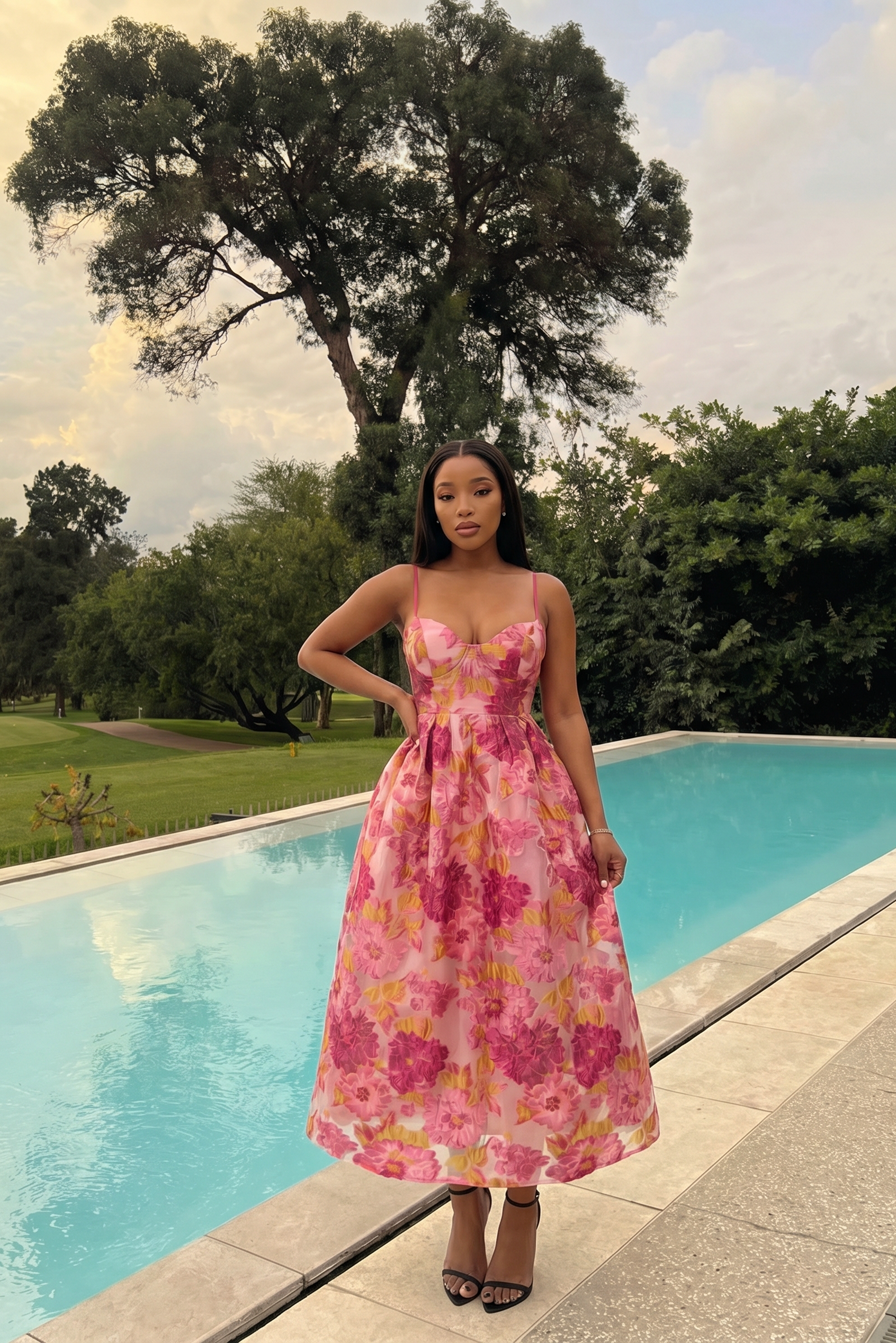 Vestido Midi de Tirantes con Corset y Estampado Floral