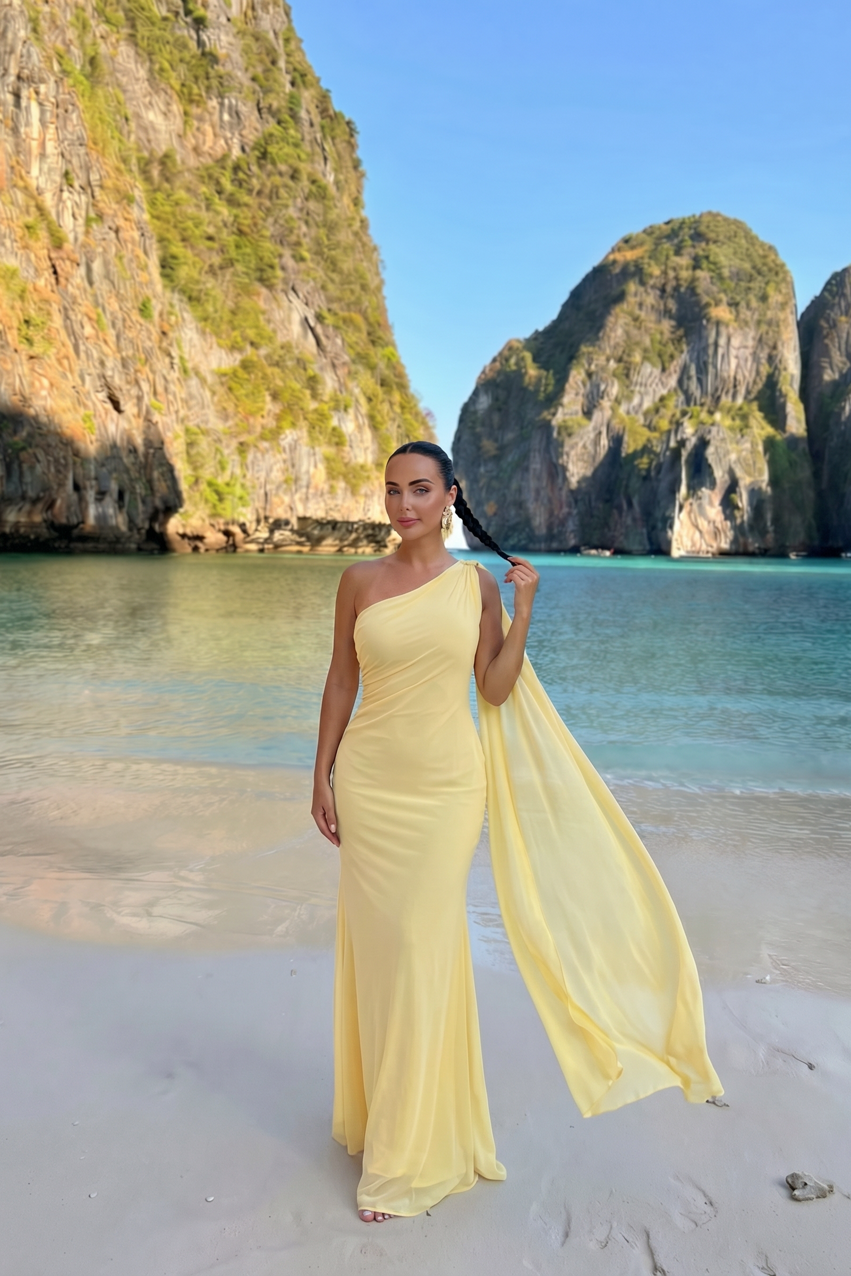 Vestido Largo de Un Hombro Amarillo Limón con Capa Drapeada