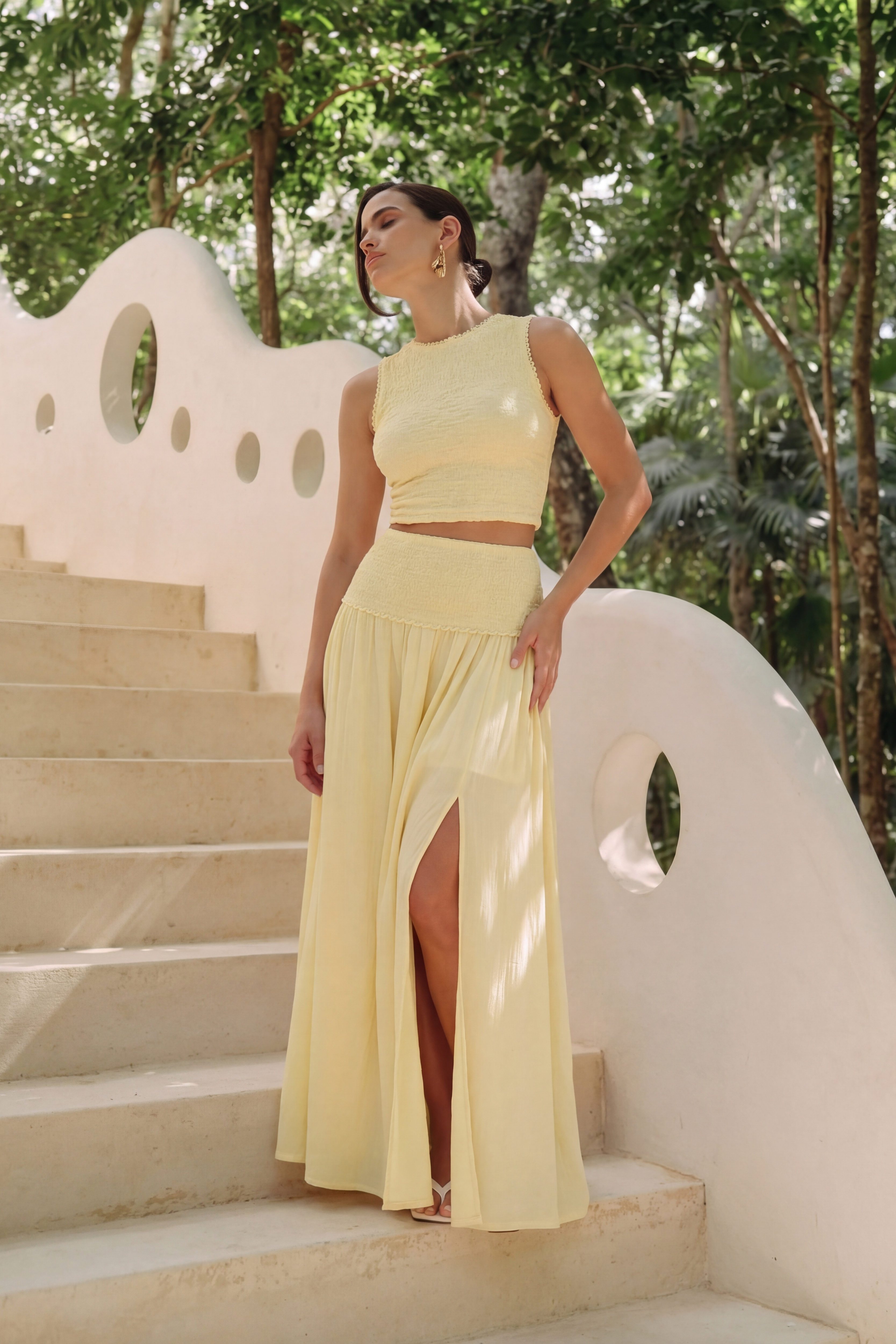 La Sicilia | Conjunto de Dos Piezas Amarillo Mantequilla con Falda Maxi