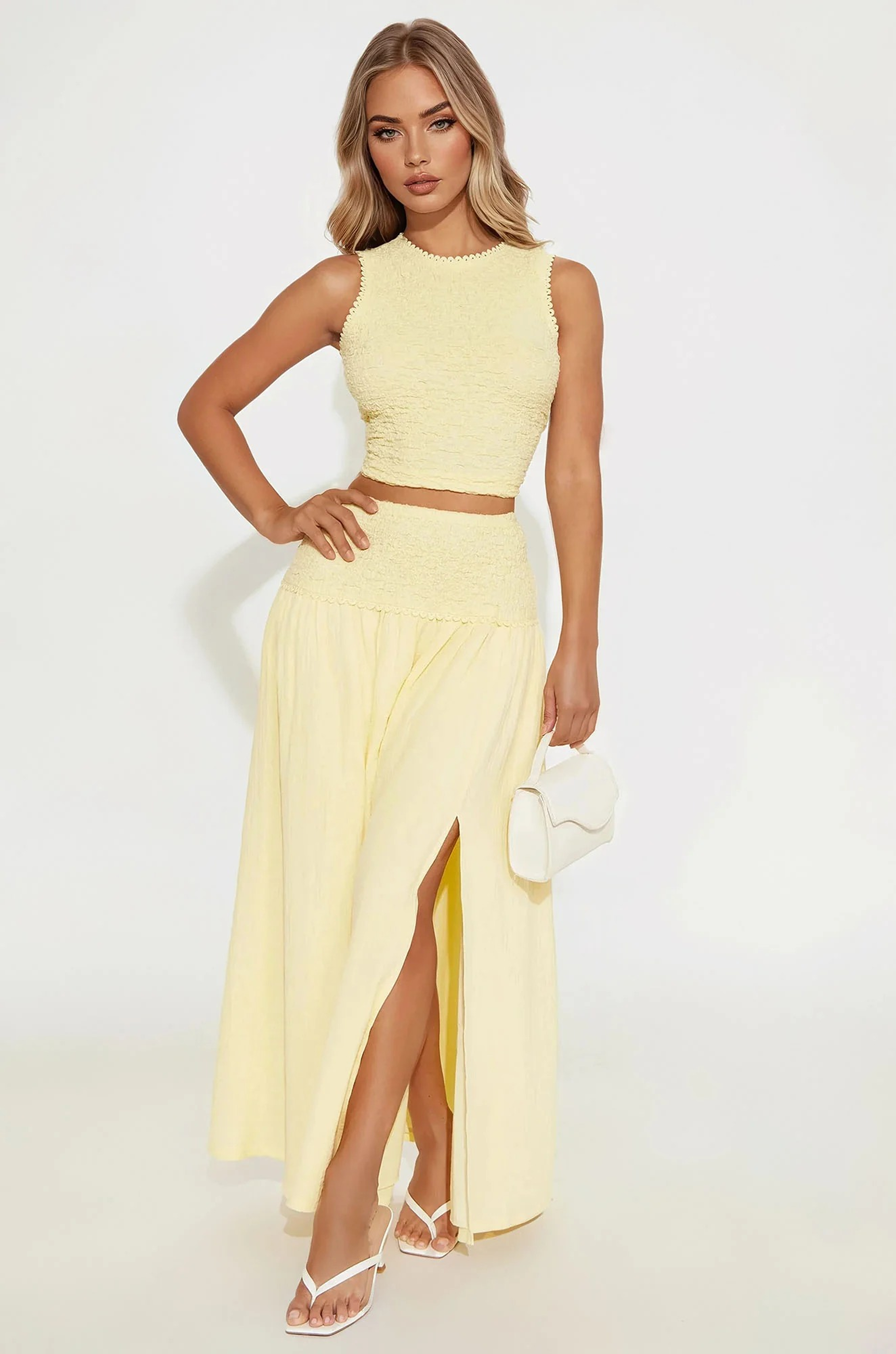 La Sicilia | Conjunto de Dos Piezas Amarillo Mantequilla con Falda Maxi